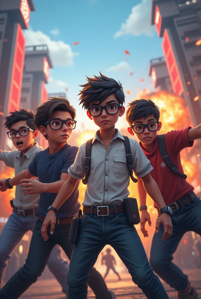 Four boys in pubg three with glasses and one is healthy fighting standing in lobby