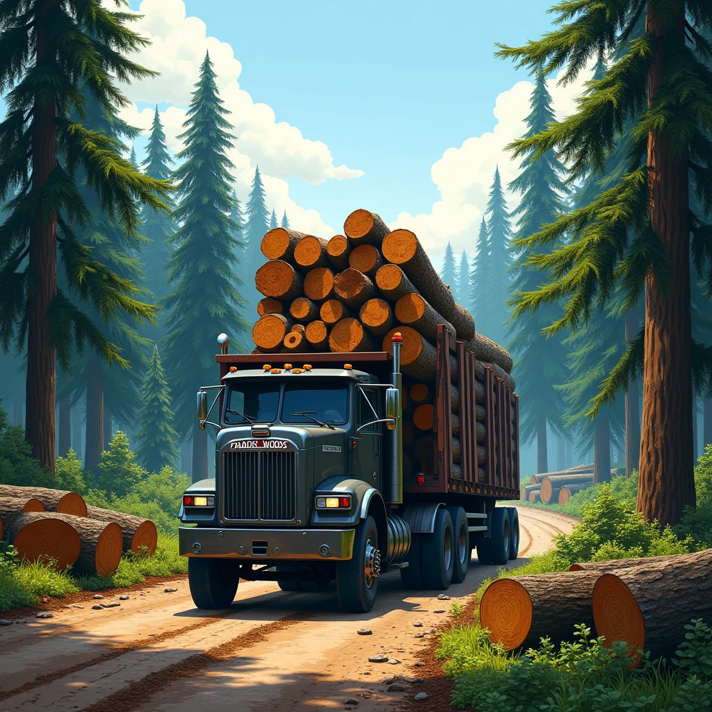The image shows a logging scene in a dense, lush forest.. En el centro de la imagen, there is a large, sturdy truck carrying freshly cut tree trunks. The truck is dark gray in color with black details and has the word "PARADISE WOODS" white writing on the top of the cabin and on the front.
The logs are stacked neatly in the back of the truck, forming an imposing load that extends beyond the side edges of the vehicle. The trunks are uniform in size and are positioned parallel to each other., standing out for its light woody tone and the rough and wrinkled texture of the bark.
The road where the truck travels is dirt, with tire marks indicating frequent use by heavy vehicles. along the way, you can see more fallen tree trunks, cut and stacked neatly beside the road, ready to be loaded. The road goes to the horizon, where you can see another truck, suggesting that this is an active logging site.
ao redor, the forest is made up of tall, slender trees with thin trunks, typical of conifers, with dense green leaves that form a canopy above. Some trees are partially cut or fallen, suggesting that the site is in the midst of logging. Sunlight penetrates through the treetops, creating patterns of shadow and light on the forest floor, which adds a dramatic effect and a sense of depth to the image. Ao fundo, the vegetation remains dense, with several layers of trees that decrease in size as they move away, until they almost blend into the clear blue sky.
This scenario highlights the duality of sustainable exploitation, combining human and technological presence with natural beauty and the need for forest conservation.