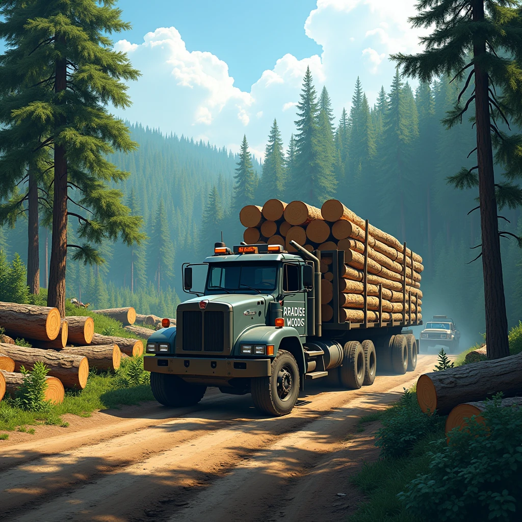 The image shows a logging scene in a dense, lush forest.. En el centro de la imagen, there is a large, sturdy truck carrying freshly cut tree trunks. The truck is dark gray in color with black details and has the word "PARADISE WOODS" white writing on the top of the cabin and on the front.
The logs are stacked neatly in the back of the truck, forming an imposing load that extends beyond the side edges of the vehicle. The trunks are uniform in size and are positioned parallel to each other., standing out for its light woody tone and the rough and wrinkled texture of the bark.
The road where the truck travels is dirt, with tire marks indicating frequent use by heavy vehicles. along the way, you can see more fallen tree trunks, cut and stacked neatly beside the road, ready to be loaded. The road goes to the horizon, where you can see another truck, suggesting that this is an active logging site.
ao redor, the forest is made up of tall, slender trees with thin trunks, typical of conifers, with dense green leaves that form a canopy above. Some trees are partially cut or fallen, suggesting that the site is in the midst of logging. Sunlight penetrates through the treetops, creating patterns of shadow and light on the forest floor, which adds a dramatic effect and a sense of depth to the image. Ao fundo, the vegetation remains dense, with several layers of trees that decrease in size as they move away, until they almost blend into the clear blue sky.
This scenario highlights the duality of sustainable exploitation, combining human and technological presence with natural beauty and the need for forest conservation.