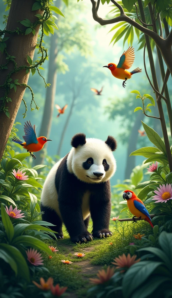 Animals all around with little panda in jungle and birds chirping 