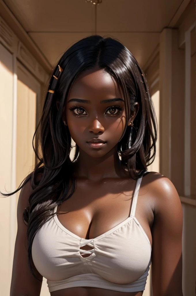 cute hair, chocolate skin, teenager, beautiful face, deep ebony, showing big breasts, SFW, upper body focus, African bright hair  beauty, sexy