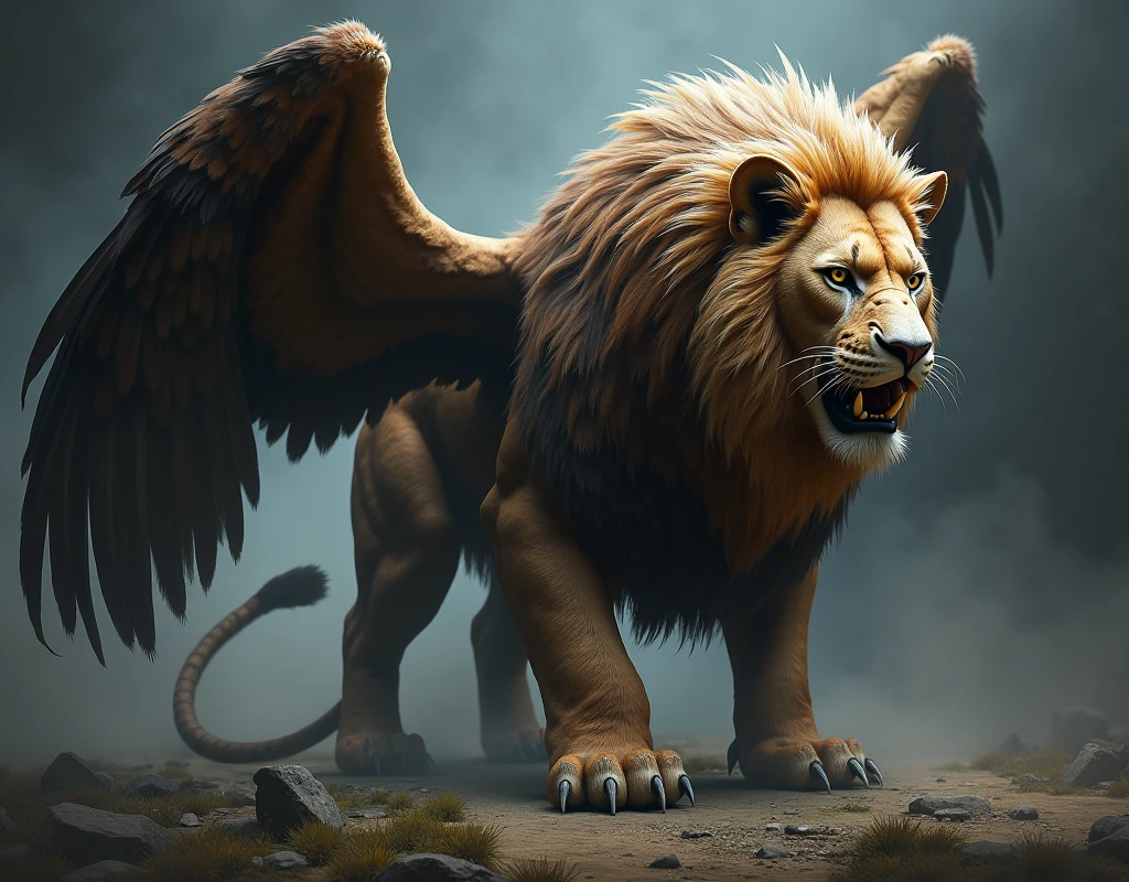 A mystical creature with the front half body of an eagle with an eagle&#39;s face, eagle beak, eagle claws and paws, feathers and wings, from half of the body back is a lion, with powerful lion hind legs, lion's claws, lion&#39;s trunk and lion&#39;s tail, Enigmatic look, mysterious ambiance, threatening scenario, work of art, Terror, detailded, realisitic.