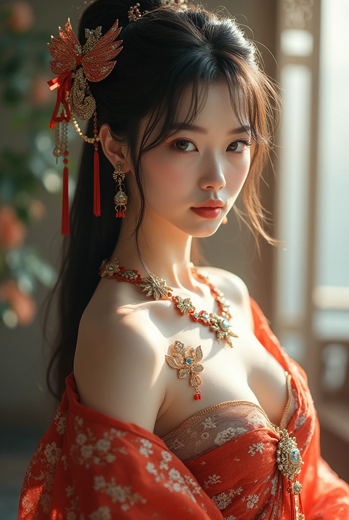 High resolution,4K,High resolution,One person, photoRealistic, Realistic,Sweaty skin, Thin face,Yangmi,Heavy makeup, Are standing,(((Half Body))), Medium chest,Earrings ,
