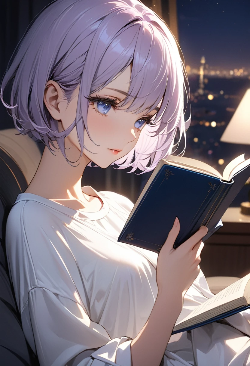 ((best quality)), ((Masterpiece)), (details), 1 woman, small breasts, light purple hair, blue eyes, ((short hair)), smooth , Beautiful face, Beautiful skin, Long eyelashes, Thick eyelashes, white oversized shirt, sofa, nighttime, soft light, holding a book, Reading a book