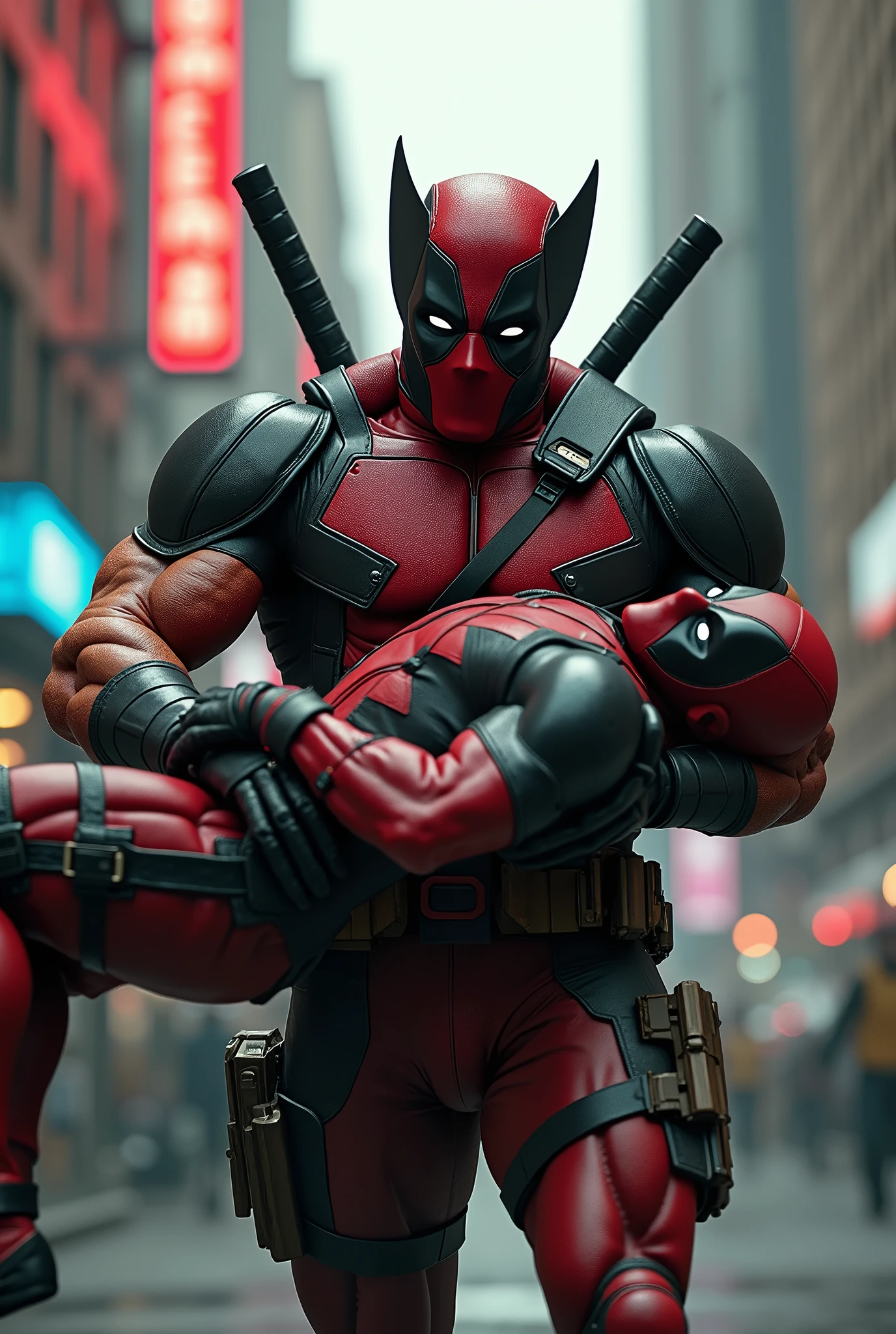 Wolverine is carrying Deadpool in his arms
