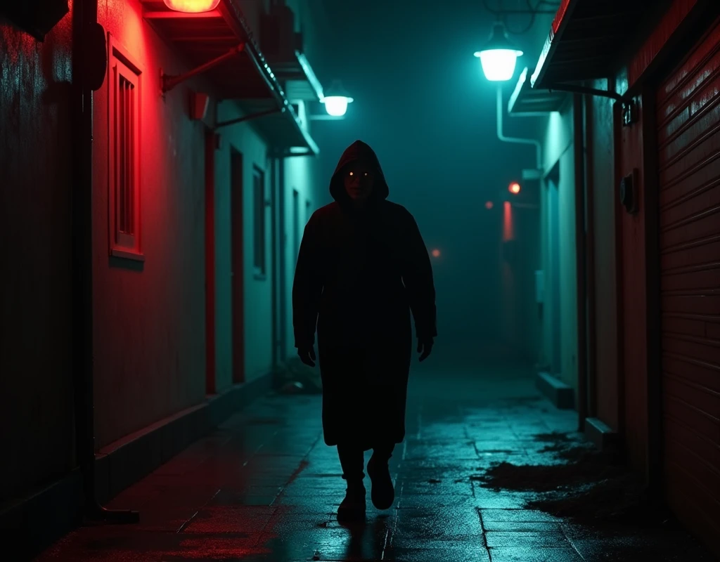 A dark and gray alley, (a red mist coming out of the (bottom) of the alley (a mysterious being coming out of the mist)), 4k, realistic, cinematic lighting, 3d rendering. Mystery
