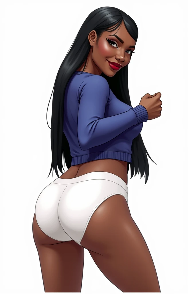 (masterpiece, best quality)), ((((perfect anatomy)))), Heavyset black woman with long black hair, dark eyeshadow, dark red lipstick, blue sweater, (((big white cotton panties))), big booty, smiling, standing in her bedroom, (((photo realistic))), ((90's film, 90's movie scene, 90's TV Style))