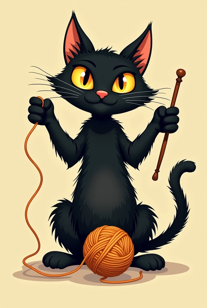 Old school black cat logo holding a ball of thread and crochet hook with two paws