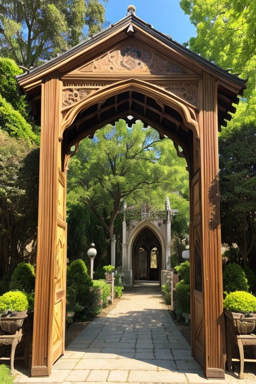 Gothic architecture、Wooden buildings、There is an archway and a path leading to the entrance. The garden has a fountain and flowers.、More of the whole thing please、Yellow and brown atmosphere、wood、Teddy bear walking、stuffed bear、exterior
