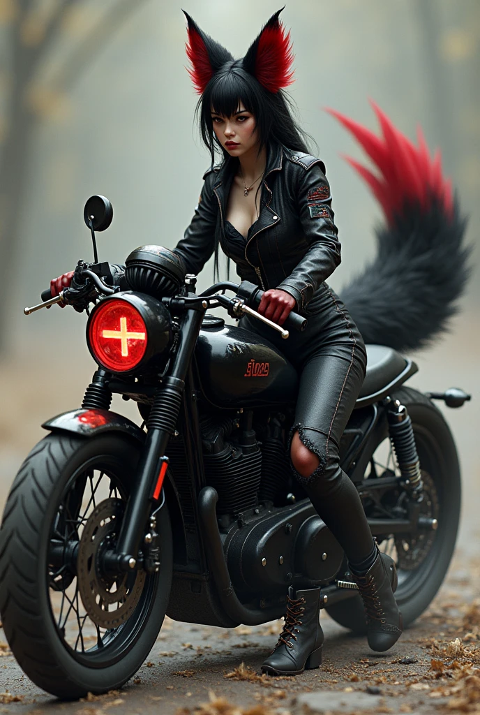 Create an image of a kitsune woman, twenty years old, with black and red fur next to his Hydra Glide style motorcycle, black and cursed. Give the woman humanoid features including the face, body and hands. Include a large three-tailed tail on the kitsune. Her black biker clothes, with an old style that doesn't show your body.