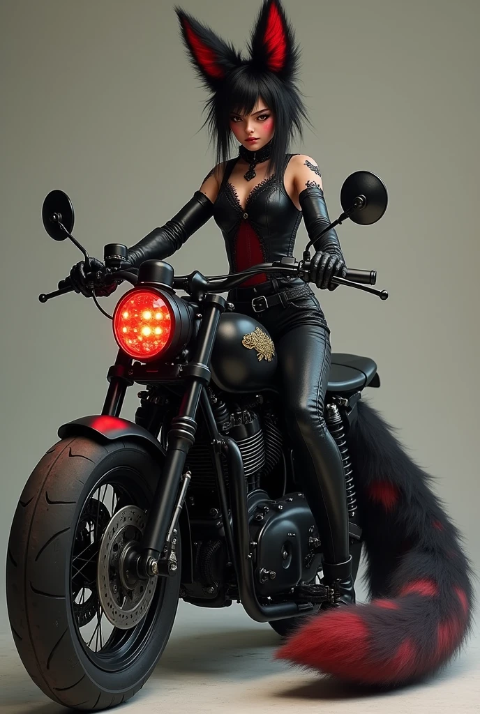 Create an image of a kitsune woman, twenty years old, with black and red fur next to his cursed black Hydra Glide motorcycle. Leaves the woman with humanoid features including the face, body and hands. Include a large three-tailed tail on the kitsune. Her black biker clothes are old-fashioned and don't show off her body..