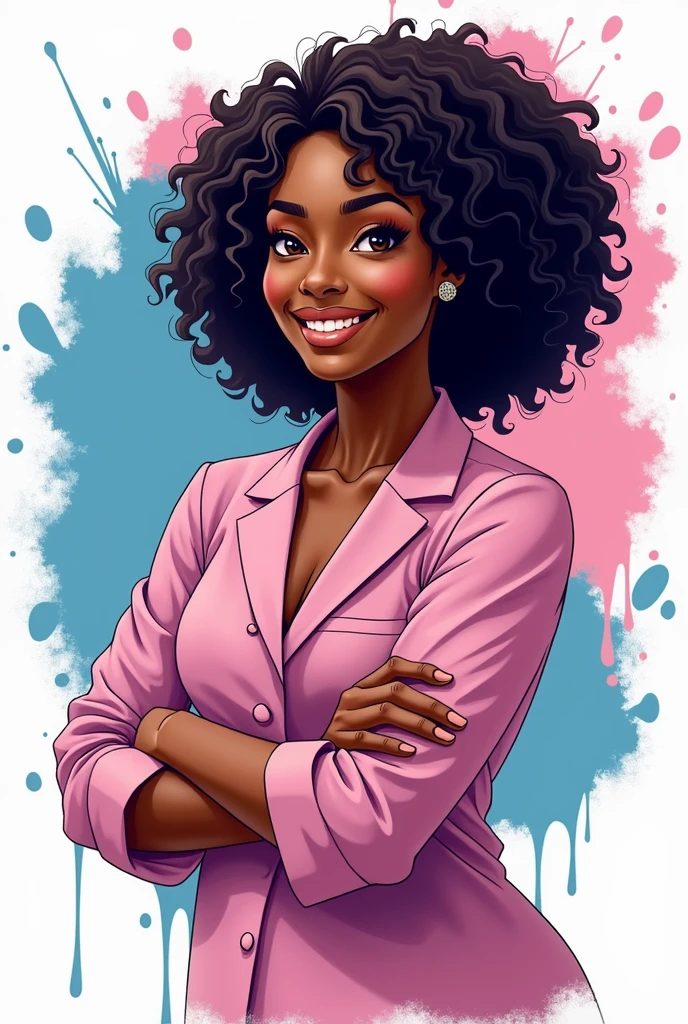 A logo of a middle aged woman, fat black woman, glad, manicurist, with curly hair, non-bulky, background with pink and blue paint drips , Abstract style, chic