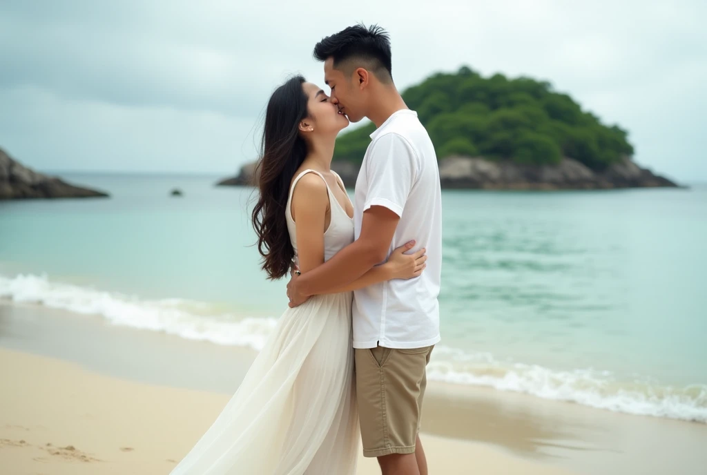 High Resolution, Masterpiece, Accurate, Best Quality, Detail, High Quality, realistic photo. A young 20 years old asian women, long dark hair, white skin, wearing a white long dress, height: 155 cm, weight: 45 kg. A 2 man, short hair, white skin, wearing a white t-shirt, height: 160 cm, weight: 55 kg. They are embracing and kissing on a beach. The man is wearing a white shirt and khaki shorts, while the woman on the right side is wearing a white dress. They are standing close together, with the man's arm around the woman's waist and her head resting on his shoulder. The woman has long brown hair and is smiling at the camera. In the background, there is a body of water and a small island with greenery. The sky is overcast and the overall mood of the photo is romantic and intimate..