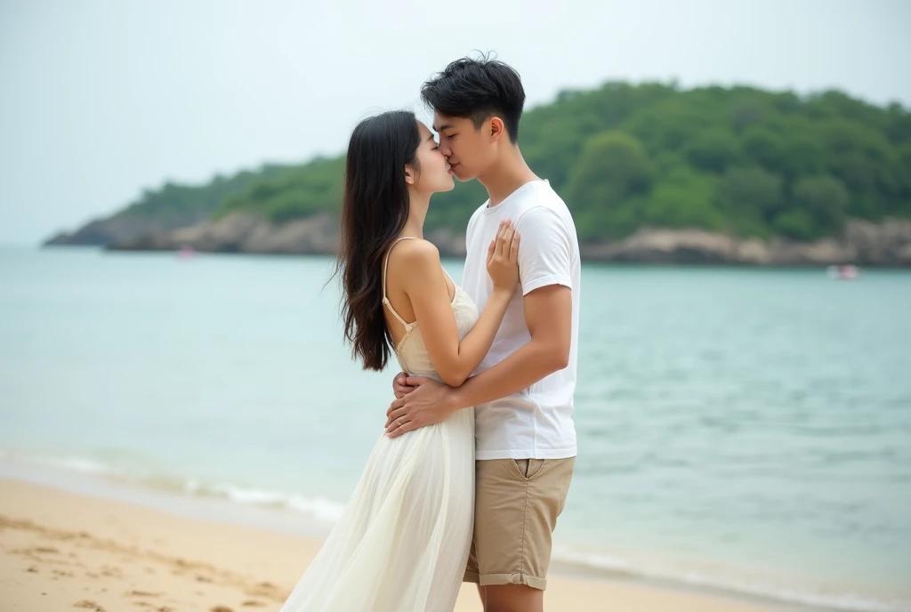 High Resolution, Masterpiece, Accurate, Best Quality, Detail, High Quality, realistic photo. A young 20 years old asian women, long dark hair, white skin, wearing a white long dress, height: 155 cm, weight: 45 kg. A 2 man, short hair, white skin, wearing a white t-shirt, height: 160 cm, weight: 55 kg. They are embracing and kissing on a beach. The man is wearing a white shirt and khaki shorts, while the woman on the right side is wearing a white dress. They are standing close together, with the man's arm around the woman's waist and her head resting on his shoulder. The woman has long brown hair and is smiling at the camera. In the background, there is a body of water and a small island with greenery. The sky is overcast and the overall mood of the photo is romantic and intimate..
