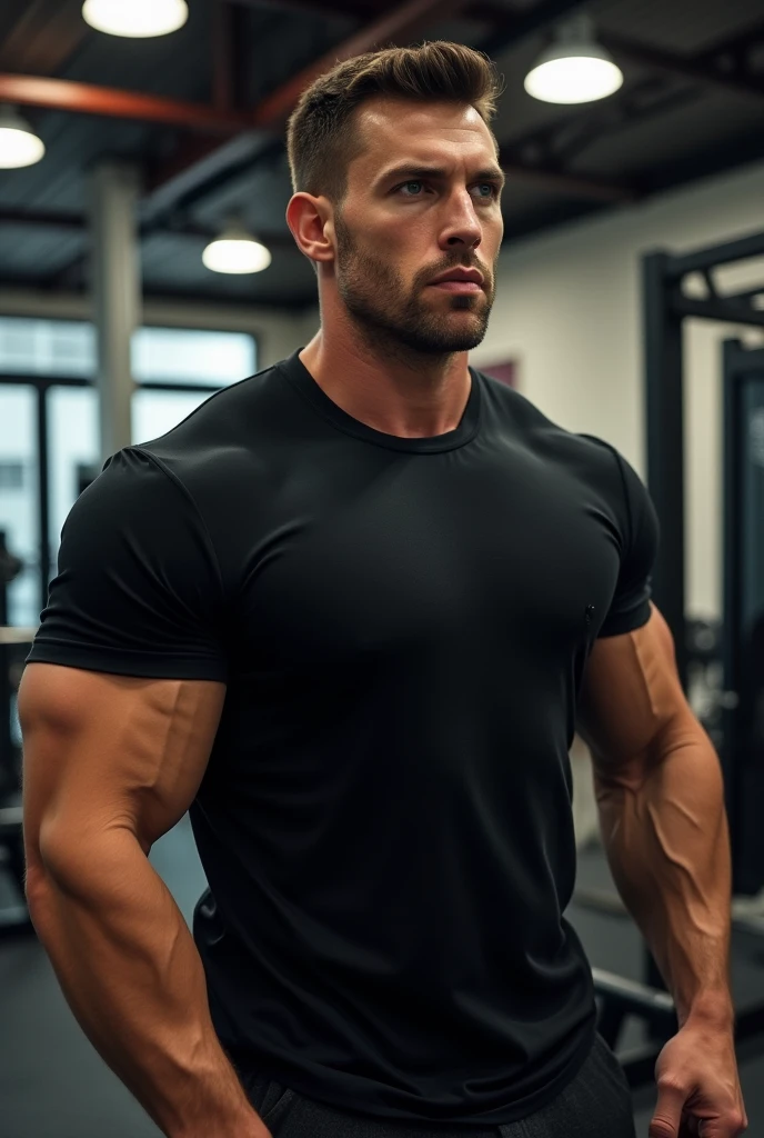 Muscular man in the gym wearing a black round neck polo shirt, Please, the polo shirt should not have a shirt collar.