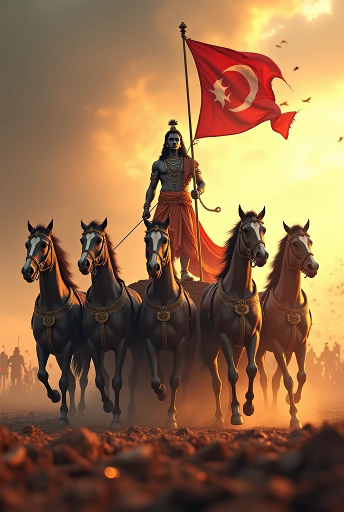 (photorealism:1.2), lord sri krishna with arjuna standing on chariot with six horses, in mahabarat war,hanuman flag