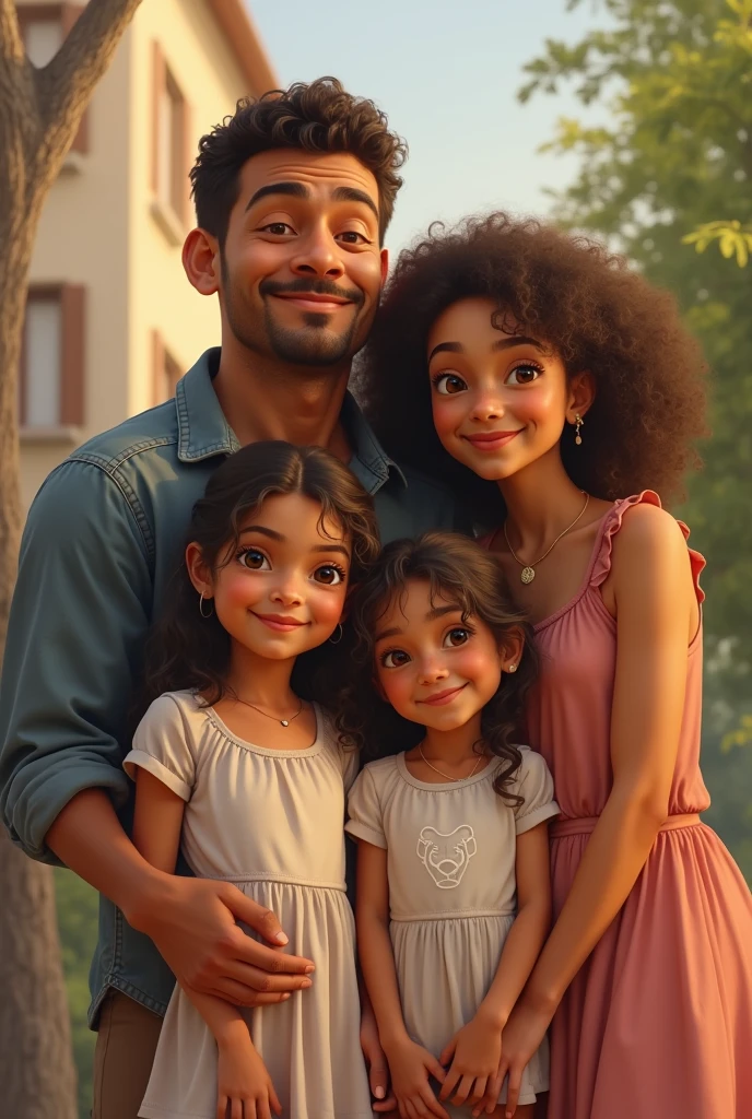 uma menina de 10 anos de idade, Hugging the father, The two of them are smiling, duas pessoas na imagem, Scenery in a square on a sunny day