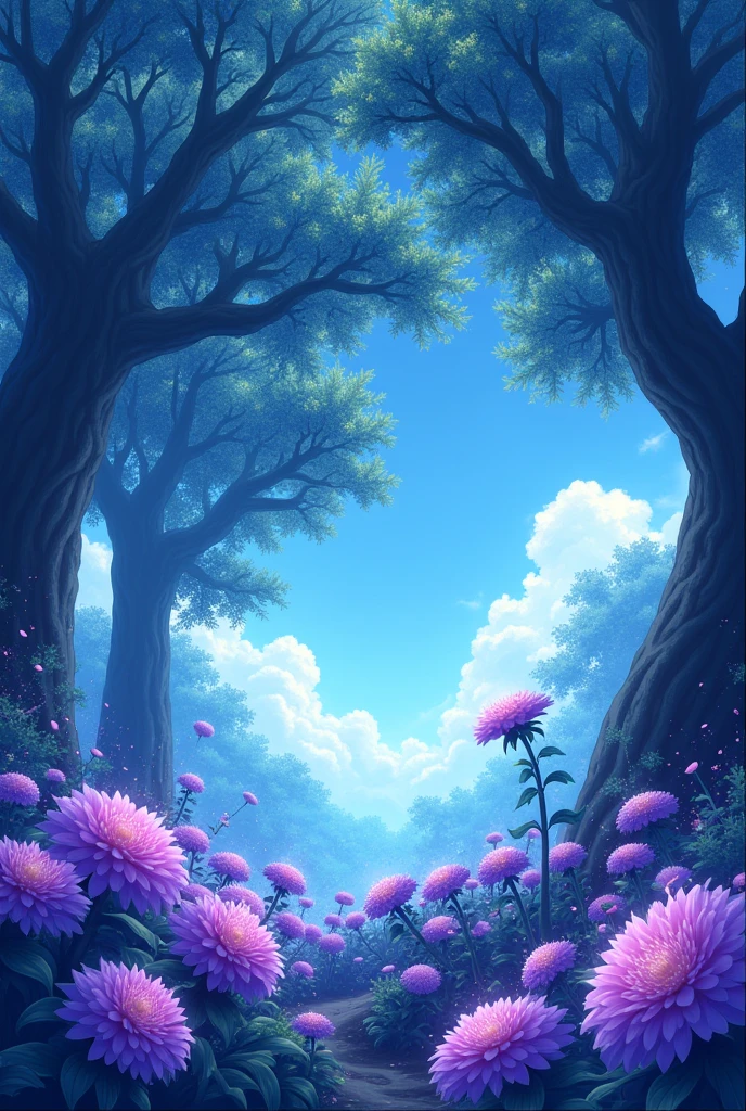 scenography, Oaks Forest, sky blue leaves, energy particles, anime, fancy, magic, without people, Purple flowers with violet energy particles coming out of them