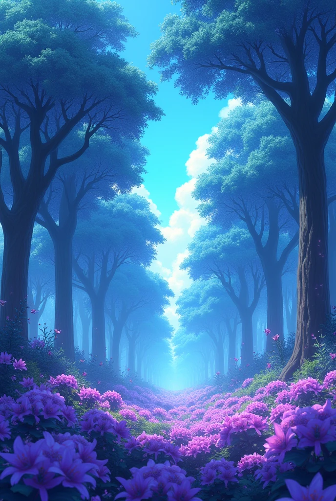 scenography, Oaks Forest, sky blue leaves, energy particles, anime, fancy, magic, without people, Purple flowers with violet energy particles coming out of them