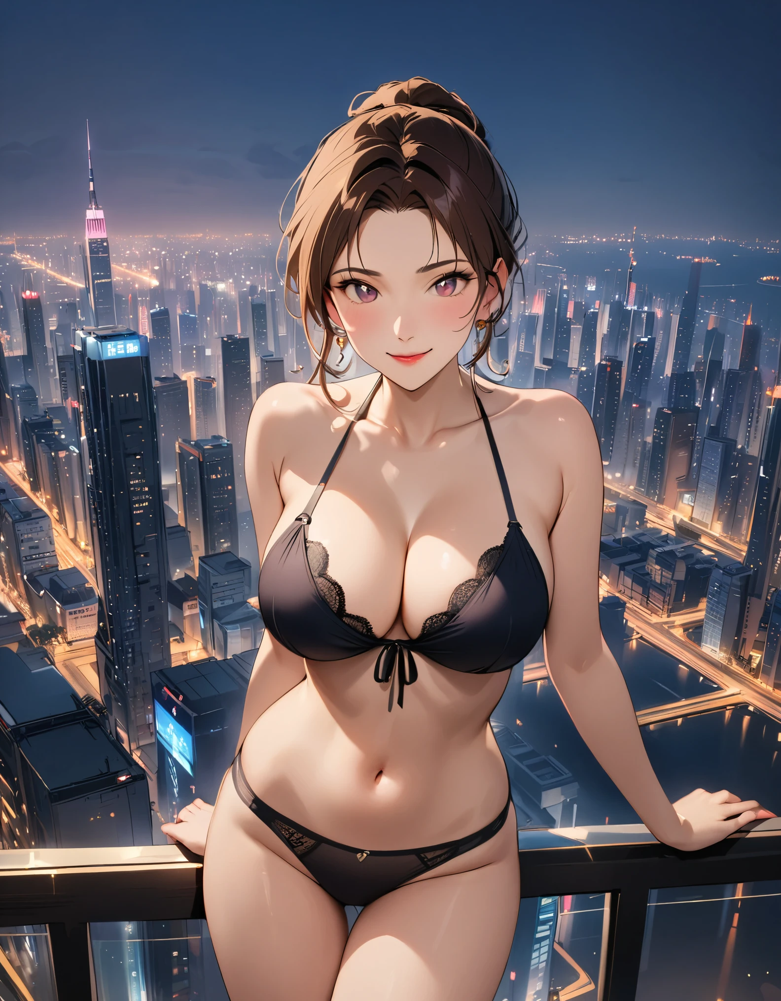 Sexy girl,Charm,Smile,front,Hands on chest,Big breasts((whole body)),(((Only underwear))),Minimal clothes,(((Bustling city))),best quality,8k,The most delicate facial features,Delicate face