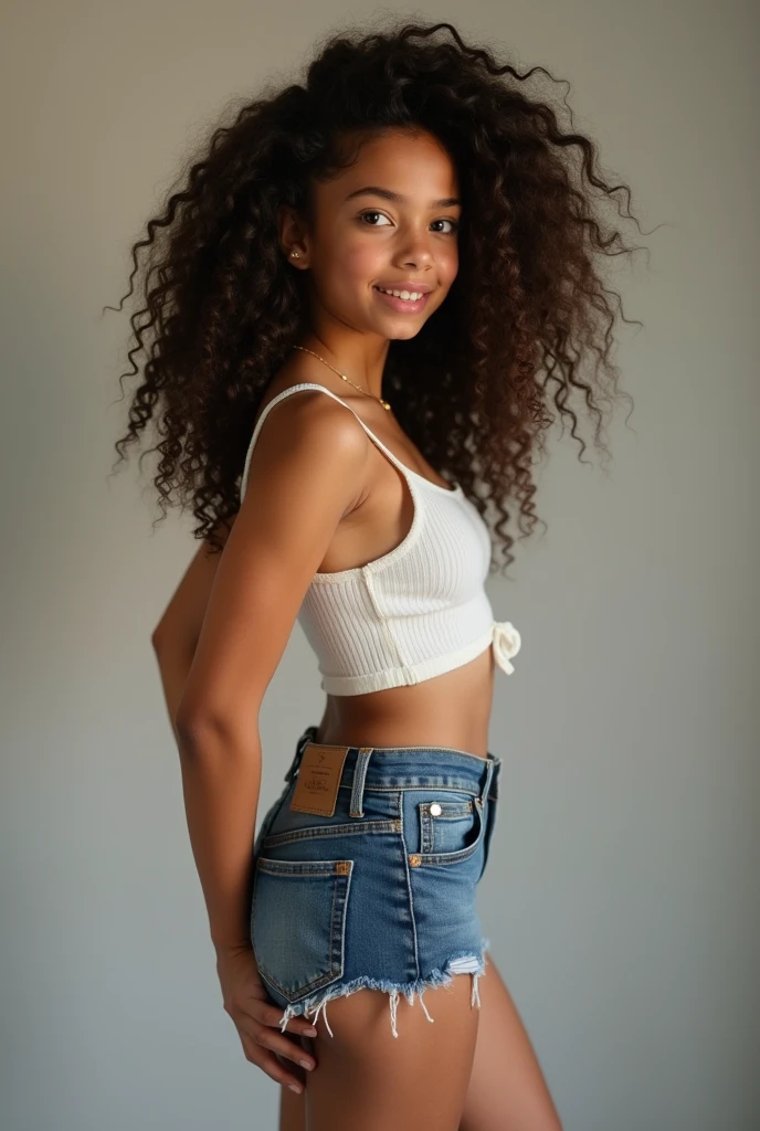 Photo of a beautiful ten curly haired Latina girl wearing crop top and jeans shorts, looking seductively at a camera, full body shot, small perky breasts, small butt