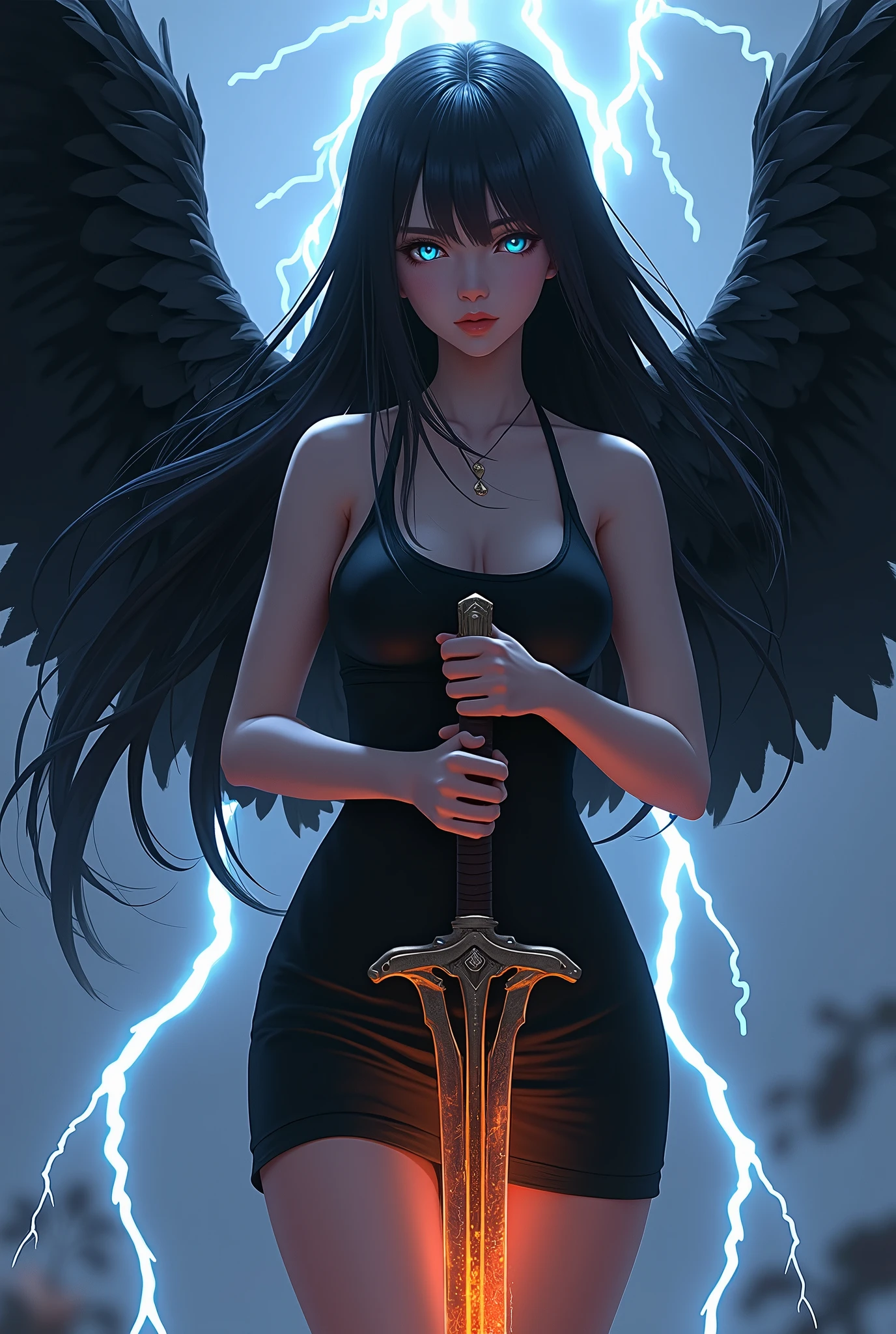 A solitary girl with long black hair, wearing a sleek black dress, gazes directly at the viewer with piercing blue eyes. Her black feathered wings spread majestically behind her, crackling with lots of lightning flashes. She stands confidently, hands gripping a fiery sword, exuding a realistic and powerful presence. Her bare shoulders hint at strength, while her lips curve with determination, enhancing the scene's intensity.