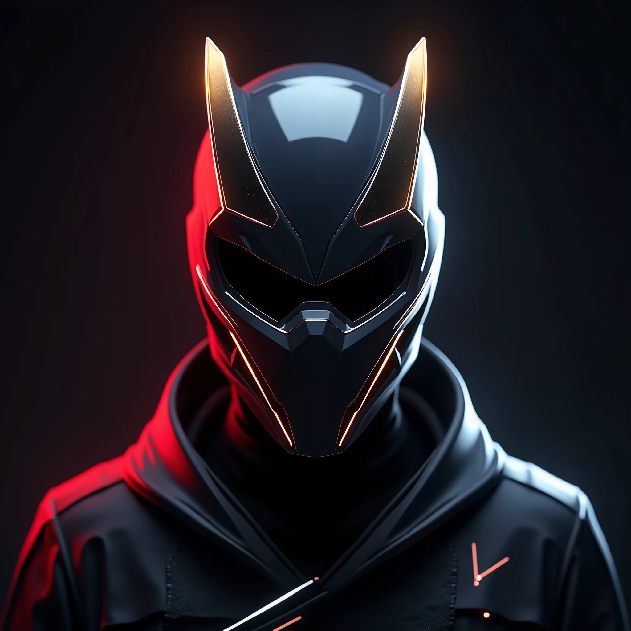 Create an image of a Samurai mask with a sleek, futuristic design, featuring glowing neon lines and highlights, giving it a cool and modern gamer aesthetic. Neno effect of red, black , white and golden. Only the head part.