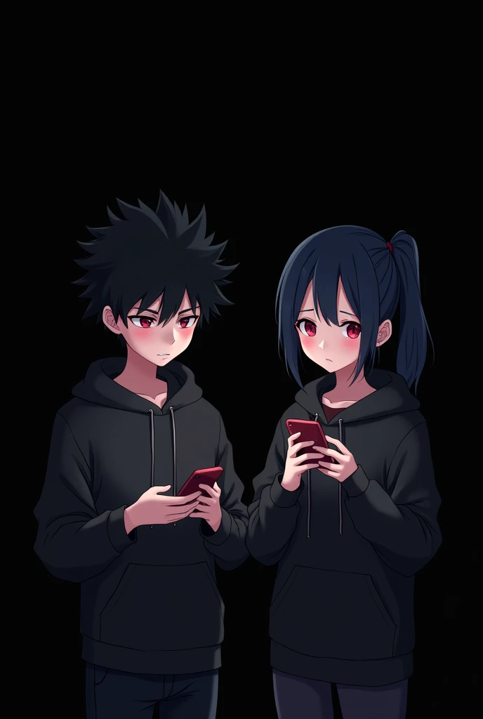 Anime boy ((( Spiky hair , black hair , black hoodie , red eyes , narrowed eye ))) , Anime girl ((( dark blue hair , modern day mullet hair style , black hoodie , red eyes , almond eye ))) blank black background , playing phone