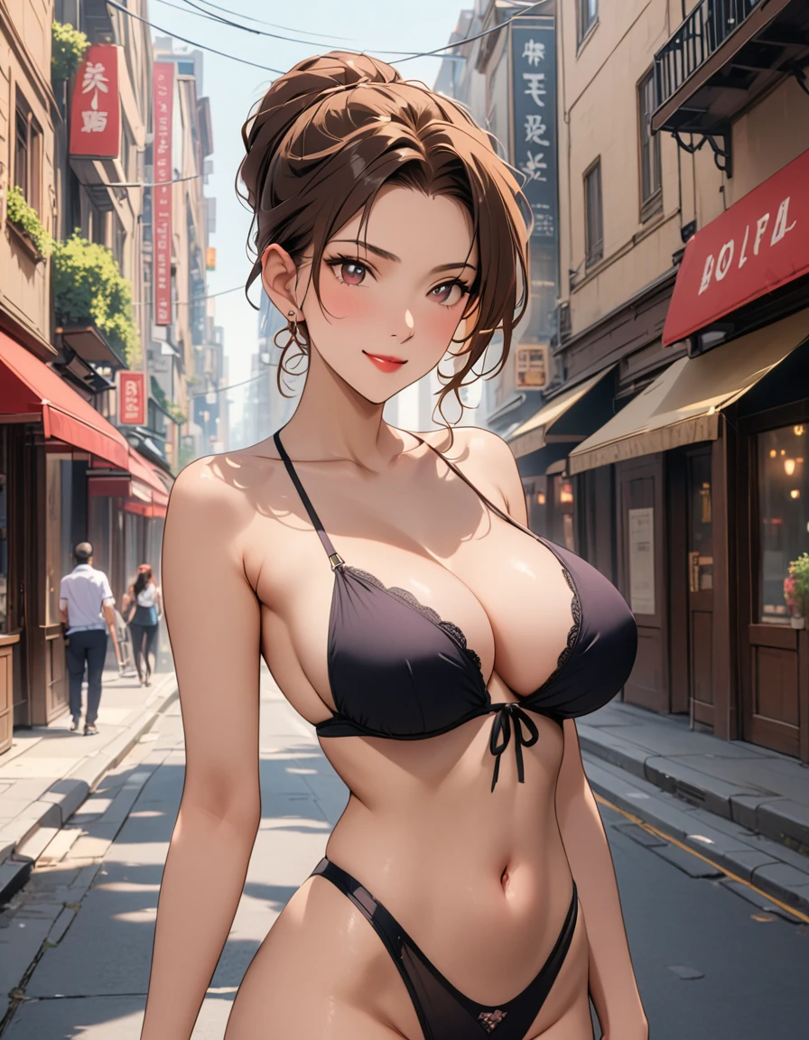 Sexy girl,Charm,Smile,front,Hands on chest,Big breasts((whole body)),(((Only underwear))),Minimal clothes,(((Bustling city))),best quality,8k,The most delicate facial features,Delicate face