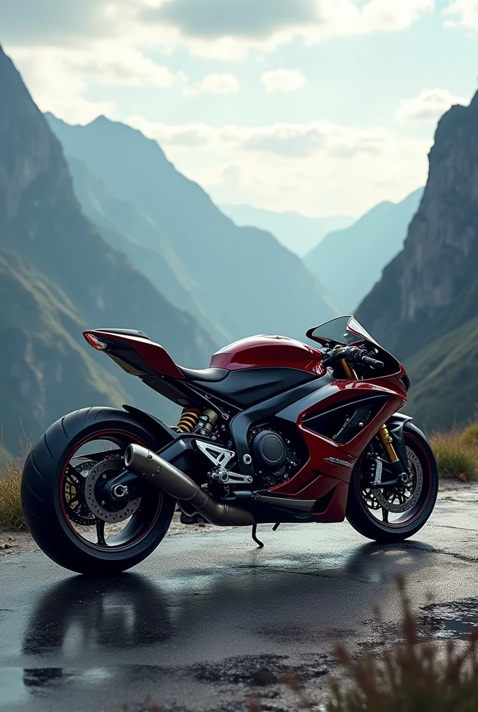 Custom Sport Bike "Audi", Commercial photo shoot, epic landscapes all around...,  Highly Detailed Features, Insanely ultra realistic, insanely photo realistic, Insanely high overall quality, insanely high detail, insanely high overall resolution, Insanely high overall sharpness, Insanely high overall quality текстур,