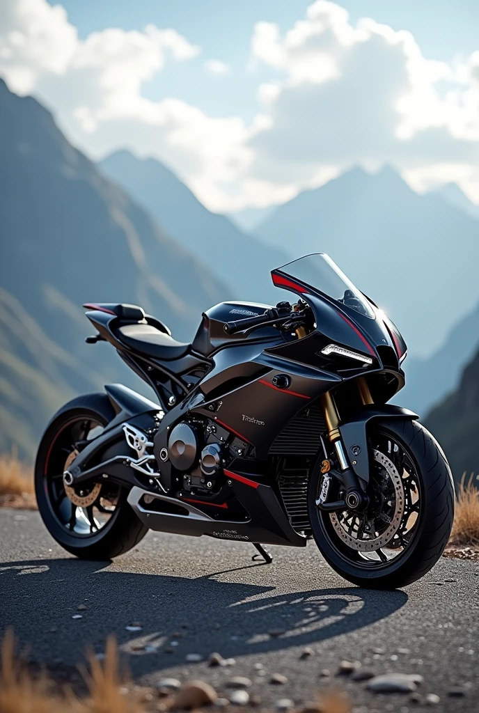 Custom Sport Bike "Audi", Commercial photo shoot, epic landscapes all around...,  Highly Detailed Features, Insanely ultra realistic, insanely photo realistic, Insanely high overall quality, insanely high detail, insanely high overall resolution, Insanely high overall sharpness, Insanely high overall quality текстур,