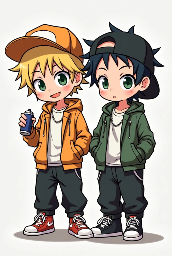 the kagamine brothers from vocaloid cartoon style, dressed in baggy clothes with a cartoon style rapper style: " Ed Edd y Eddie". holding a spray can and with a non-elaborate but understandable drawing style