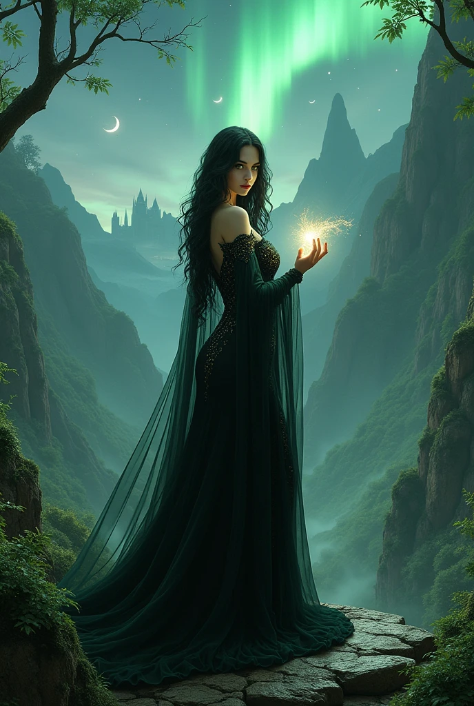 (centerpiece: The Gothic Sorceress:2.0), standing on an ancient stone altar in the heart of an enchanted forest, long wavy black hair, bright green eyes, curvaceous figure with enhanced bust, full hips, toned legs, and well-defined glutes, wearing a sheer black veil that clings tightly to her body, casting powerful spells, surrounded by ancient runes glowing with spectral light, (real skin texture: 1.5), (slender waist: 1.3), (full hips: 1.4), (Deep neckline: 1.7), with a serious but seductive expression, channeling the magic of the land and sky, (magic aura: 2.0), (mystical glow: 2.0), (best quality:2.0), (masterpiece:2.0), (Realismo fotográfico extremo:2.0), (Ultra alta resolución, 8K:2.0), (iluminación cinematográfica:1.8), (Balanced lighting with subtle glow on magical elements:2.0), a vast mystical valley with mountains reaching the heavens, rivers of silver liquid, and a sky filled with stars and auroras, glowing with magical energy, (Immersive Ambience: 1.9, Enchanted Forest: 1.7, Celestial Skies: 1.8), (Soft Light Glow: 1.8), high contrast, cinematic atmosphere, majestic dragons soaring through the sky, their scales shimmering with enchanted light, (dragons: 2.0), elegant vampires in gothic attire standing atop a shadowy castle, watching over the night, (vampires: 2.0), mythical creatures such as centaurs, mermaids, and elves interacting in the enchanted forest around the sorceress, (Elves: 1.8, Centaurs: 1.8, Mermaids: 1.8), with every leaf and ray of light brimming with life, under the watchful eye of the sorceress