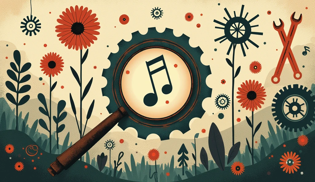 image with symbols representing construction, sons de lofi, jazz, magnifying glass, tools nature, innovate, To produce, symbols of the past
