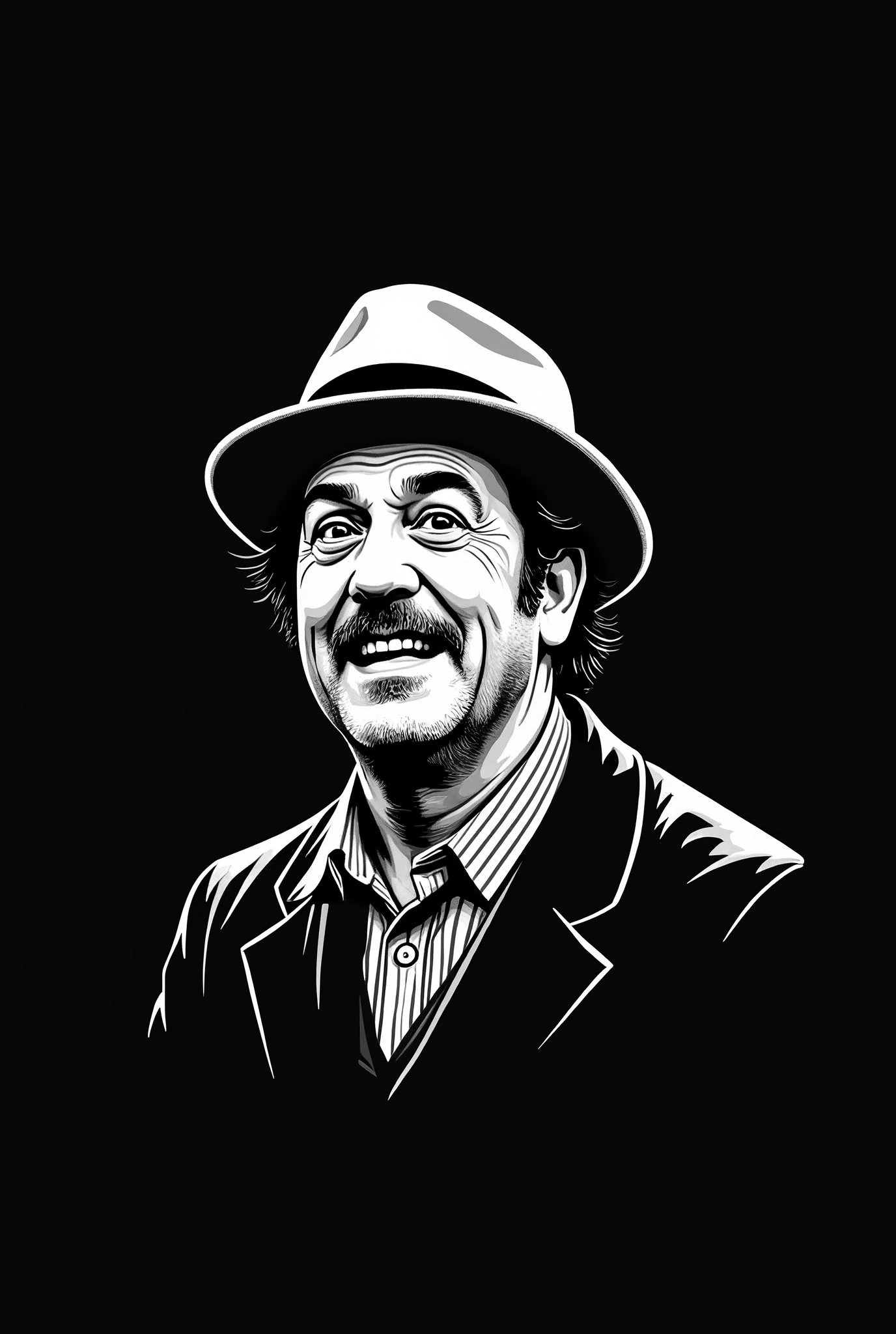 Create a black and white mockup for a black t-shirt with the theme Mr. Madruga from the Chaves series 