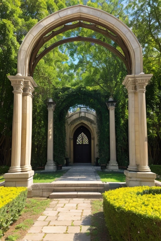 Gothic architecture、There is an archway and a path leading to the entrance. The garden has a fountain and flowers.、More of the whole thing please、Yellow and brown atmosphere、Teddy bear walking、stuffed bear、exterior