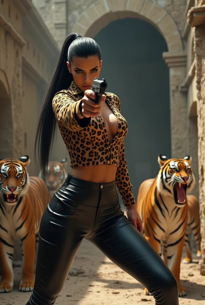 Kim Kardashian with long straight black hair in a ponytail in a leopard print shirt with buttons and sleeves and not cropped, generous cleavage,in very tight black leather pants , she is in an abandoned temple, she aims a gun at someone, behind her are several tigers with open mouths and sharp teeth running towards her
