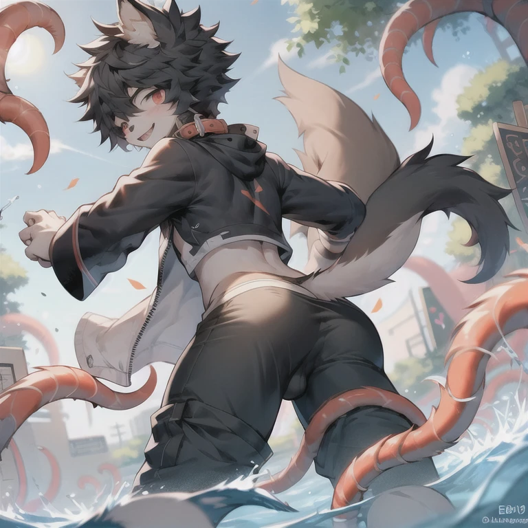 The whole body is covered with talisman paper，happy，Shota，Bulge in pants，blush，emaciated，little devil，Devil Horns，Orange-red eyes，Brownish-black skin，As a pet，Collar，Demon King，Hypnosis，Swimming pants，muscle，章鱼Tentacles ，Tentacles，fighting，estrus，Nice looking back