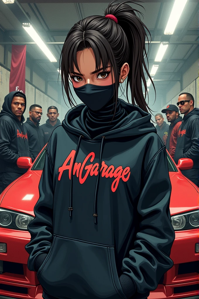 Gangsta girl with black bandana,gang members in background,r34 nissan in background,angarage flag,angarage text on hoodie,manga