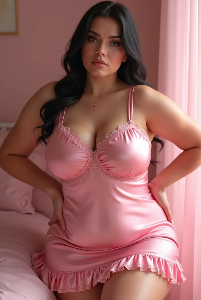 FULL BODY Portrait OF  [Psychodelusional] The  AVN Award and The Sims 4,  Lust Goddess for deep v neck blouse BOOB cleavage OF Sultry Plus-Size Exhibitionist Amorous voluptuous MILF with Boob Cleavage Breasts: A delicate pink satin slip dress with a sweetheart neckline and thin spaghetti straps. The dress features a delicate lace trim along the neckline, hem, and straps, adding a touch of feminine charm. The overall aesthetic is soft, feminine, and slightly ethereal, reminiscent of a delicate flower. The sheer fabric and ruffled details create a sense of lightness and airiness, while the pink color evokes feelings of sweetness and innocence. The dress's design is both playful and elegant, making it perfect for a variety of occasions, from a boudoir shoot to a special night in.