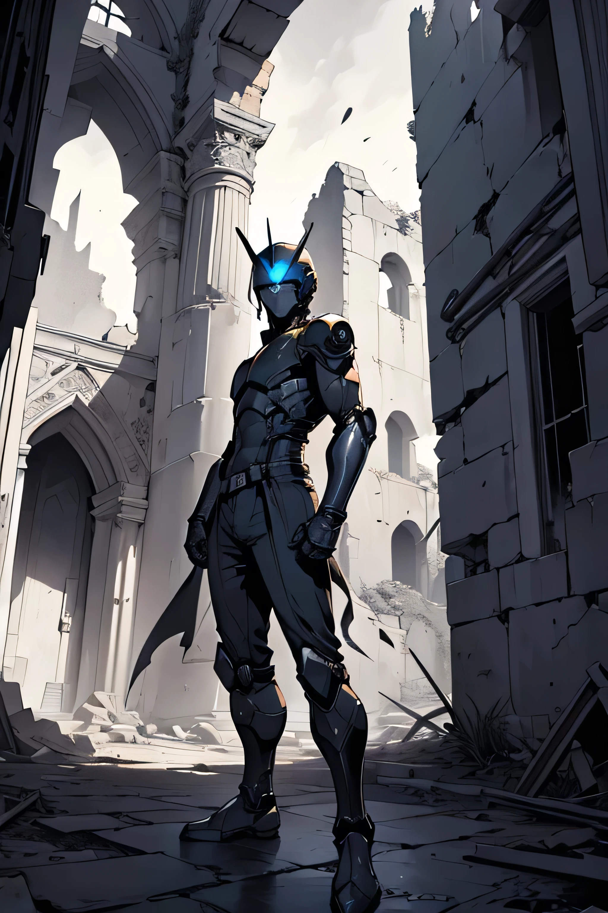 Anime robot among ruins of medieval city, black and white lineart, comicbook style, artist Moebius