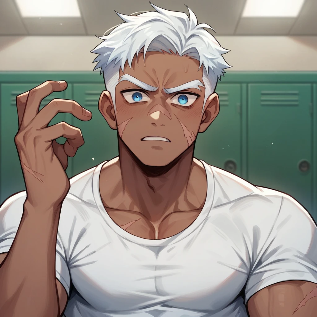 (Anime guy), Extra buff and enormous body, 1 scary looking guy, 2, full tattos and scars on the body, white short hairs, icy blue eyes, wearing white baggy shirt, dark skin, in the dark infirmary room.