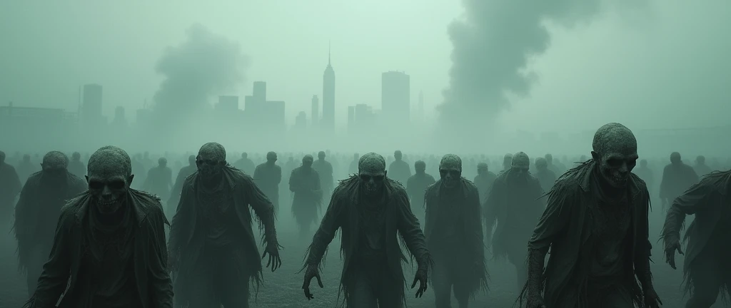 many zombies walking towards a city, scary scenery with fog, hyper-realistic