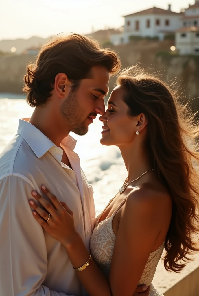 beautiful couple 3 brown hair in love in the city of arraial do cabo Brazil 18k realistic outdoors romantic photo shoot