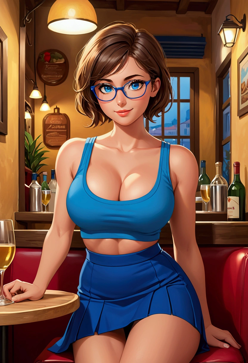 20 years old woman, Short brown hair, Mediterranean with blue eyes, Generous and heavy breasts, slender waist, definition of l'estomac, fesses rebondies et pulpeuses, naturally curved, muscular thighs, aguicheuse , blue eye, lunettes, assise dans un restaurant, mini Skirt, tank top, at night, ssmile