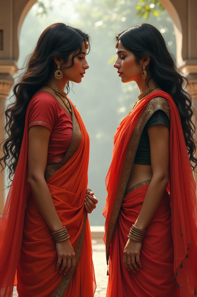 Two women in churidar and dupatta engaged in verbal dual
