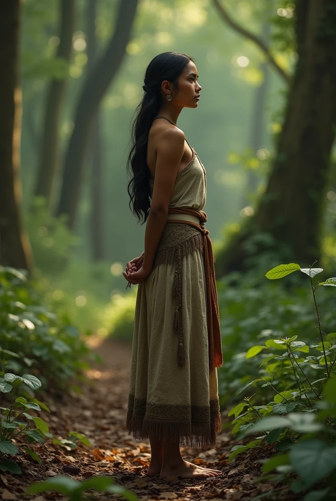 (photorealism 1:2) young indigenous woman full body, in the woods . show this woman's feet. Feet on the ground. natural beautiful. no detail in the clothes, only leaves. looking to the side and facing forward. standing with hands behind your back