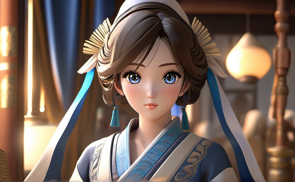 a poor woman named mai valentine, 2, sat in a cloth shop, ancient times, well clothed, 3d, realistic anime character, extremely detailed face and eyes, intricate details, photorealistic, cinematic lighting, dramatic shadows, beautiful blue eyes, delicate facial features, elegant hairstyle, detailed clothing, warm colors, masterpiece, 8k