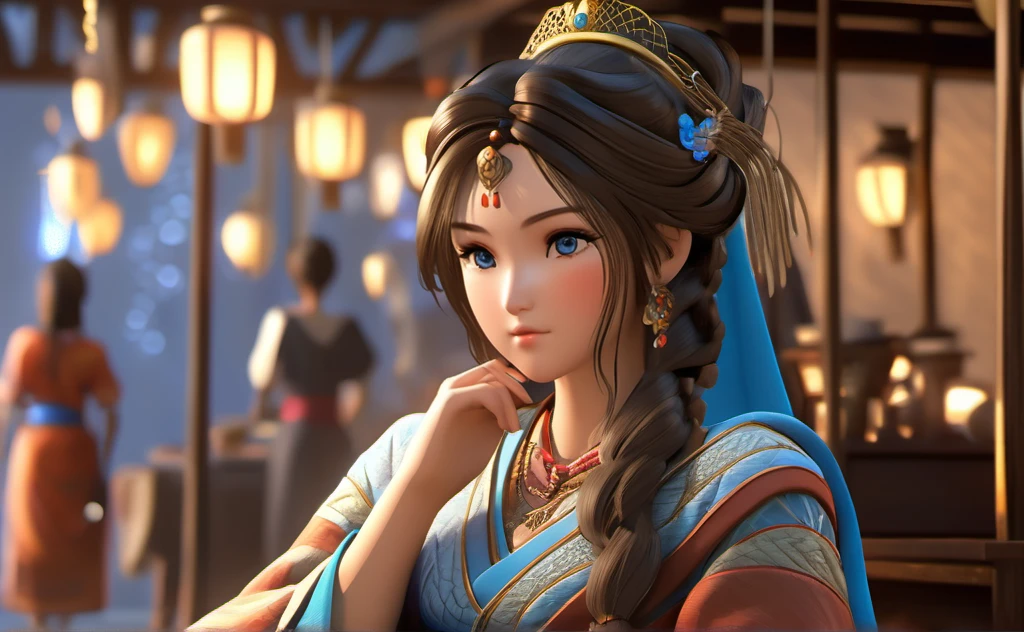 a poor woman named mai valentine, 2, sat in a cloth shop, ancient times, well clothed, 3d, realistic anime character, extremely detailed face and eyes, intricate details, photorealistic, cinematic lighting, dramatic shadows, beautiful blue eyes, delicate facial features, elegant hairstyle, detailed clothing, warm colors, masterpiece, 8k