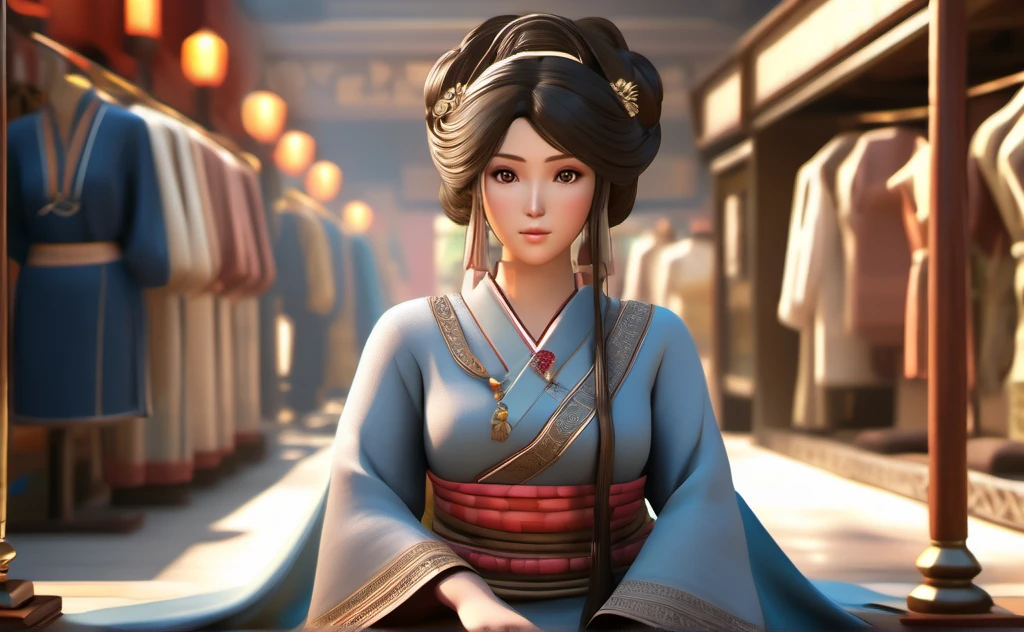 a poor woman named mai valentine, 2, sat in a cloth shop, ancient times, well clothed, 3d, realistic anime character, extremely detailed face and eyes, intricate details, photorealistic, cinematic lighting, dramatic shadows, beautiful blue eyes, delicate facial features, elegant hairstyle, detailed clothing, warm colors, masterpiece, 8k